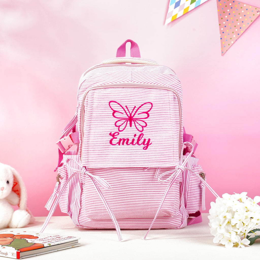 Toddler Backpack, Personalized Seersucker Bookbag for Girls, Custom Embroidered Kids School Bag for Moms