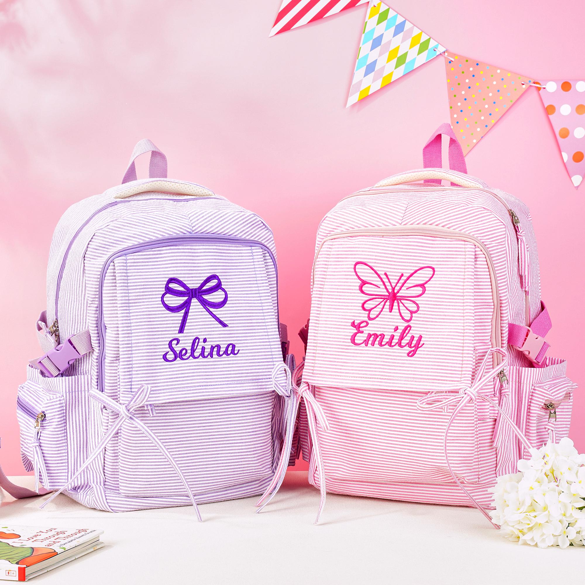 Toddler Backpack, Personalized Seersucker Bookbag for Girls, Custom Embroidered Kids School Bag for Moms