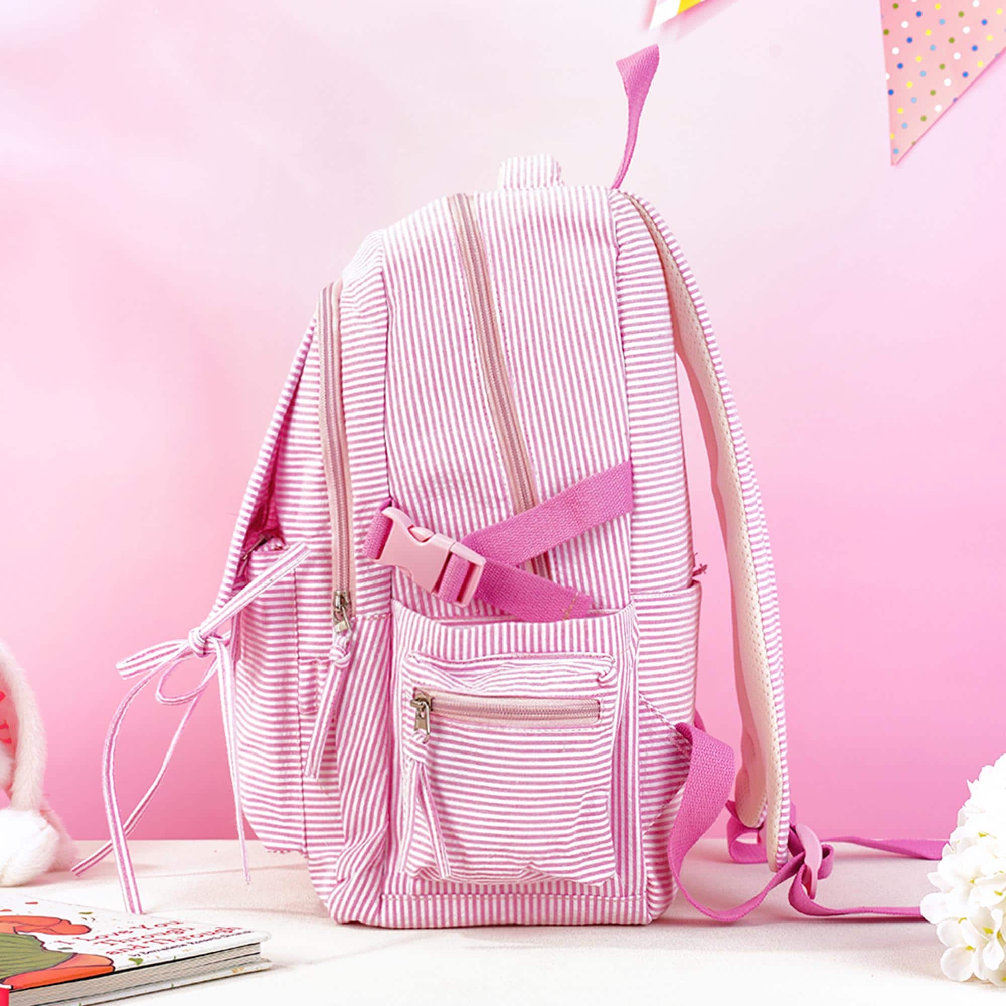 Toddler Backpack, Personalized Seersucker Bookbag for Girls, Custom Embroidered Kids School Bag for Moms