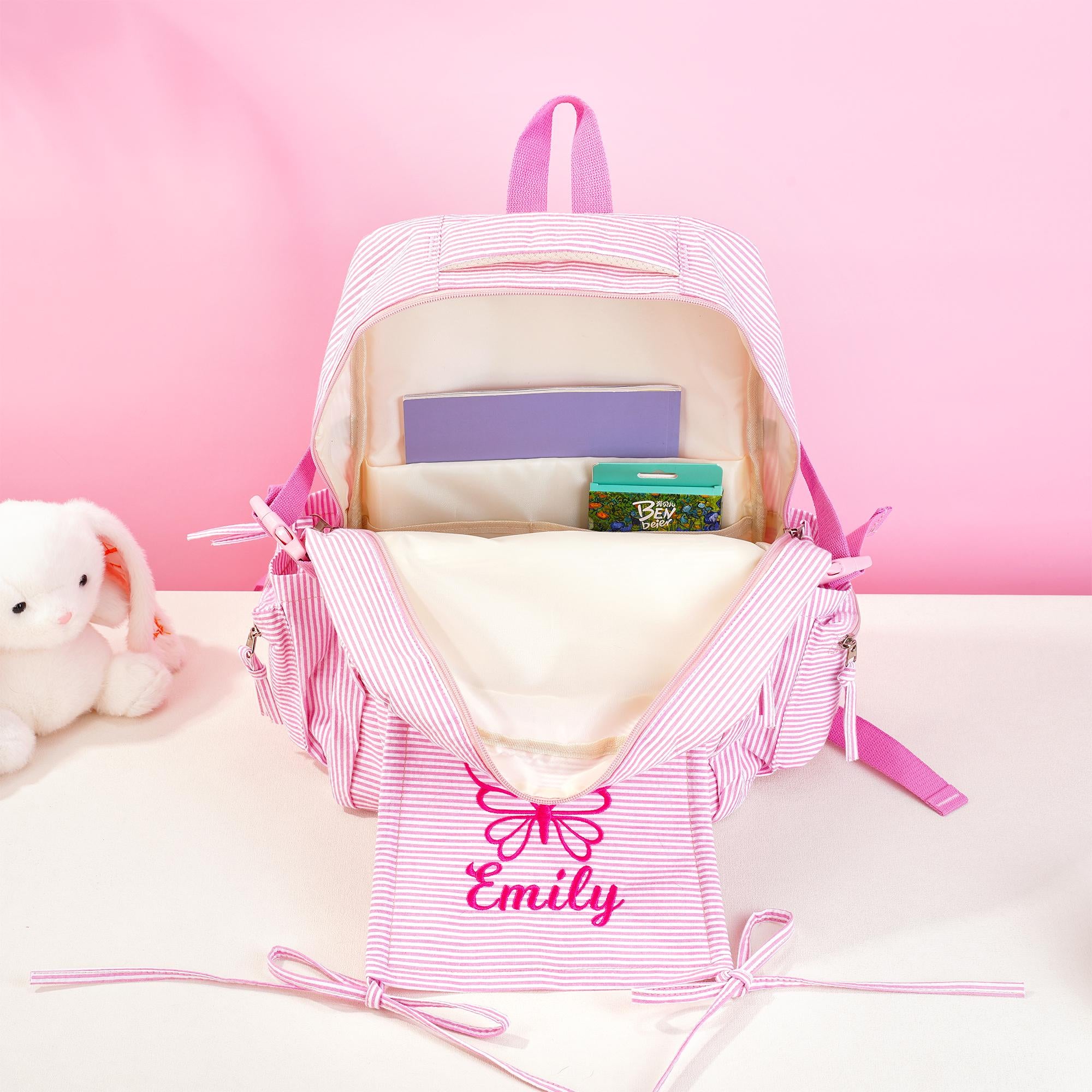 Toddler Backpack, Personalized Seersucker Bookbag for Girls, Custom Embroidered Kids School Bag for Moms