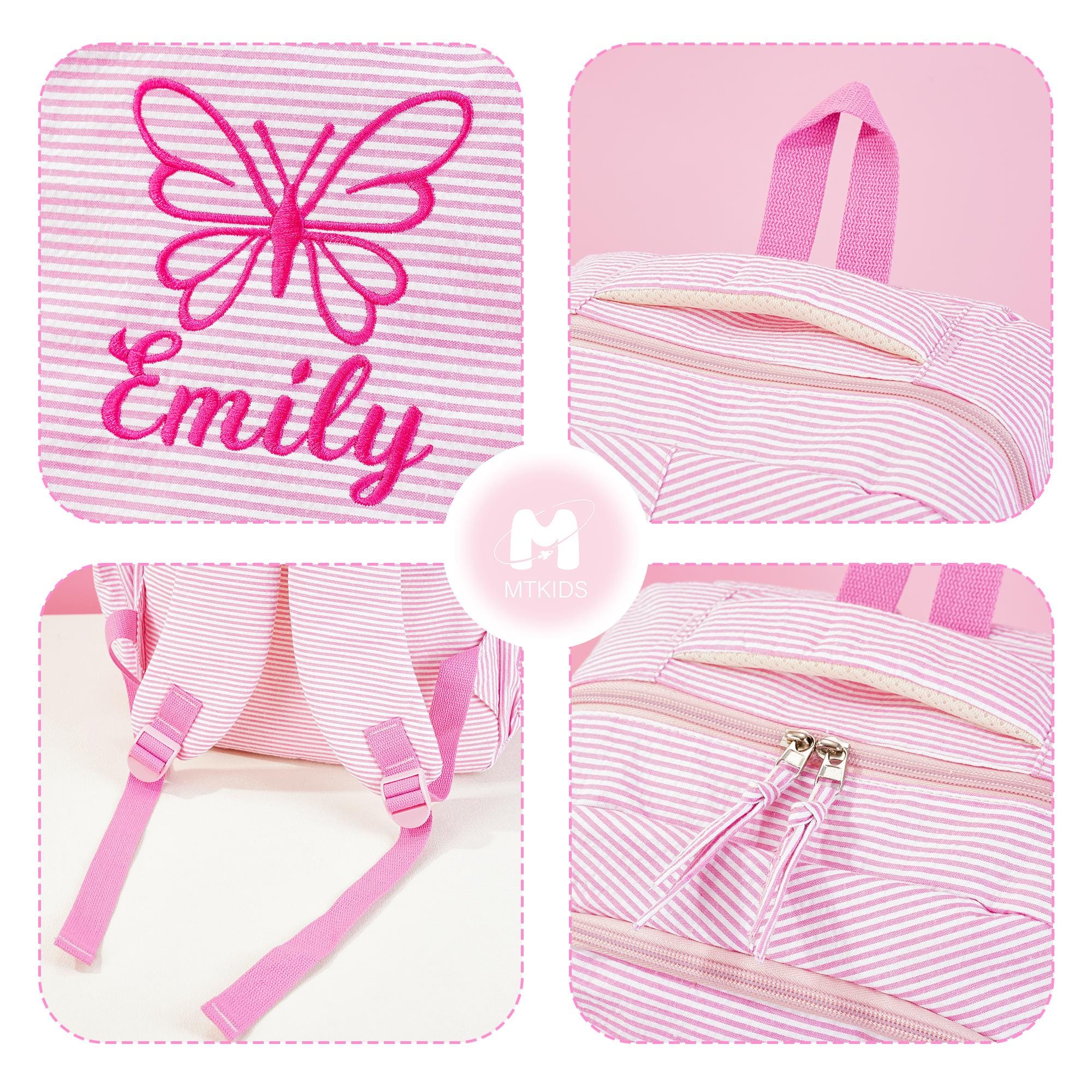 Toddler Backpack, Personalized Seersucker Bookbag for Girls, Custom Embroidered Kids School Bag for Moms