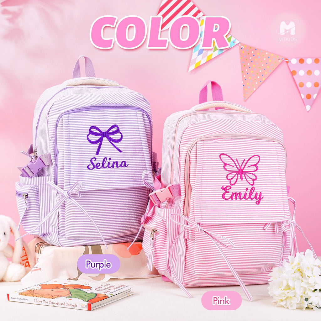 Toddler Backpack, Personalized Seersucker Bookbag for Girls, Custom Embroidered Kids School Bag for Moms