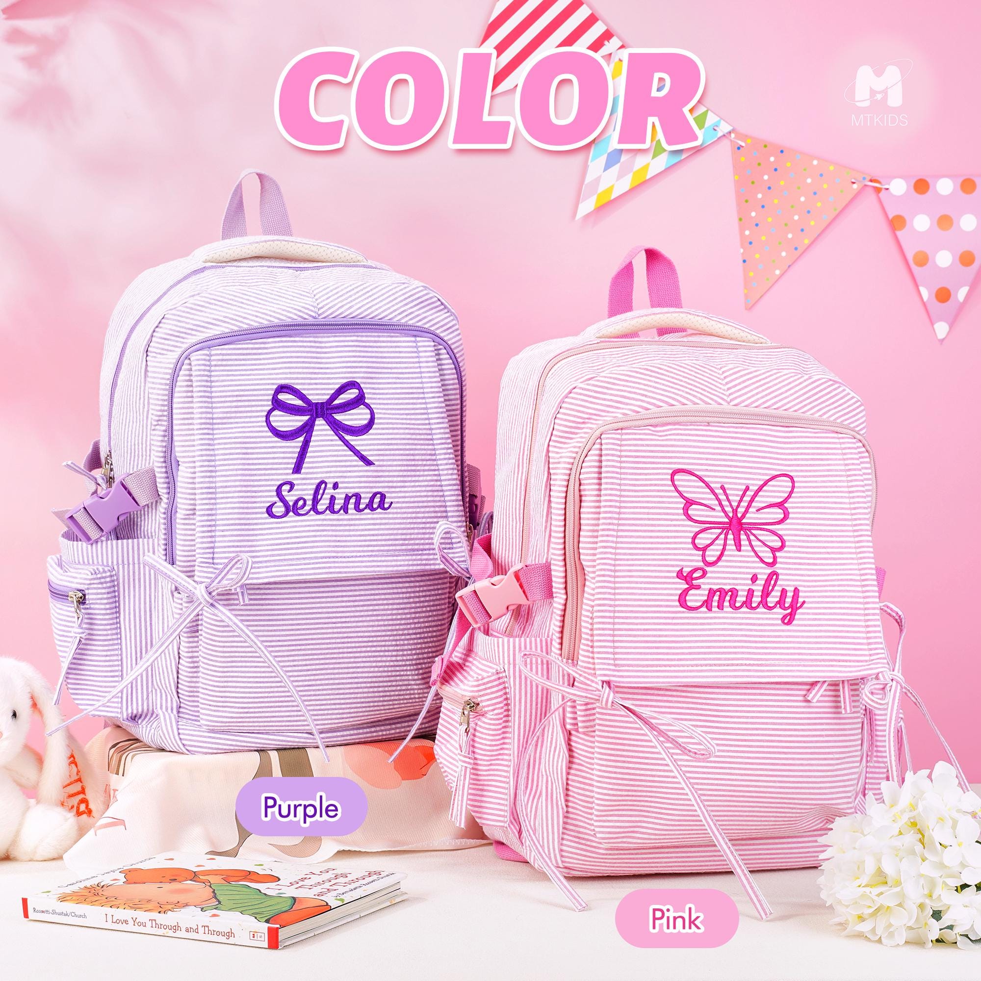 Toddler Backpack, Personalized Seersucker Bookbag for Girls, Custom Embroidered Kids School Bag for Moms