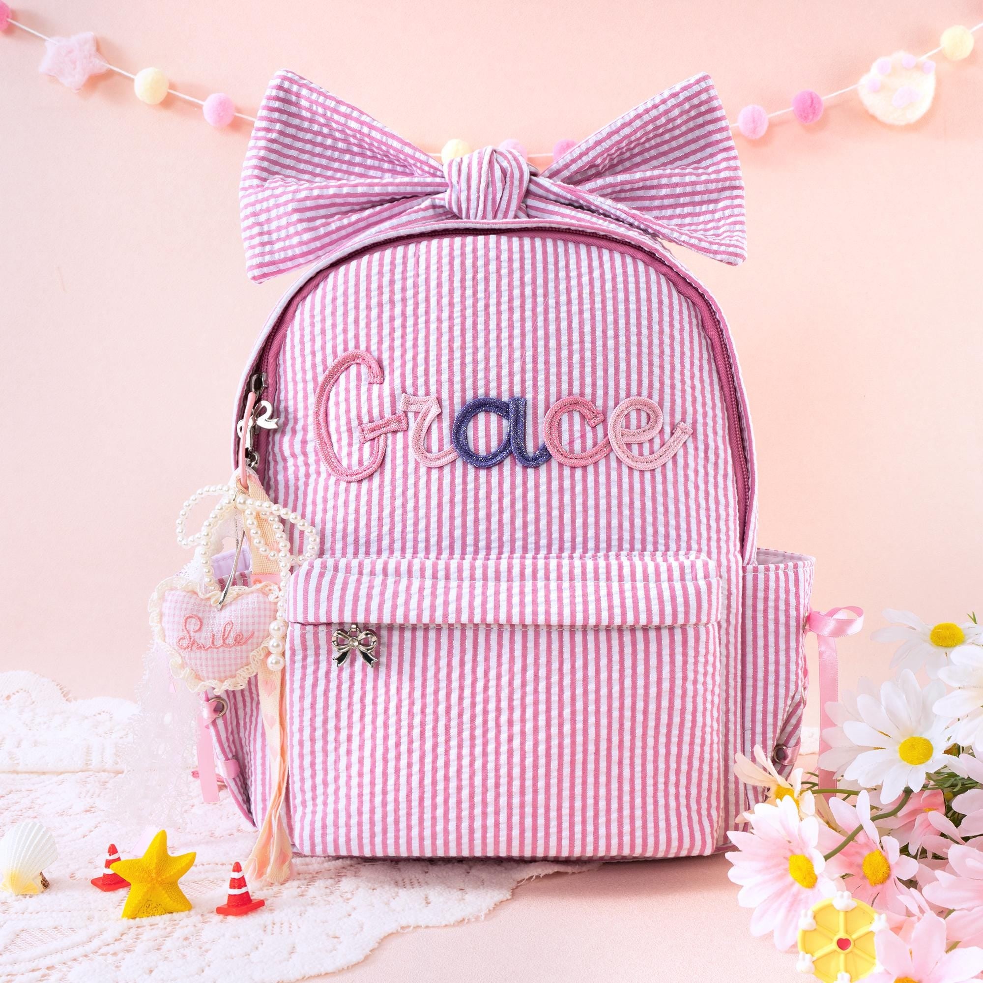Dance Backpack for Little Girls, Toddler Seersucker School Book Bag, Pink Sparkling Bag