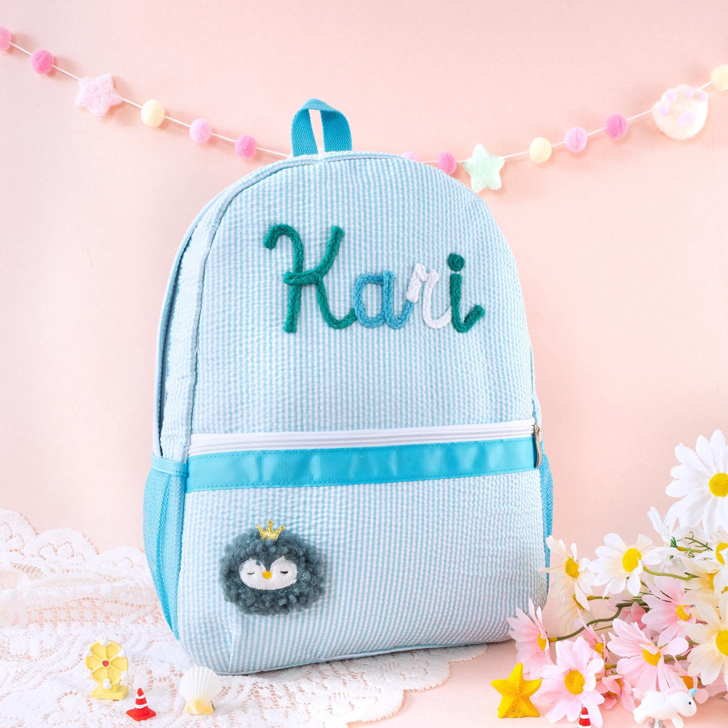 Personalized Toddler Seersucker Backpack, Hand Stitched Cord Name, Kids Kindergarten Summer Camp Gift